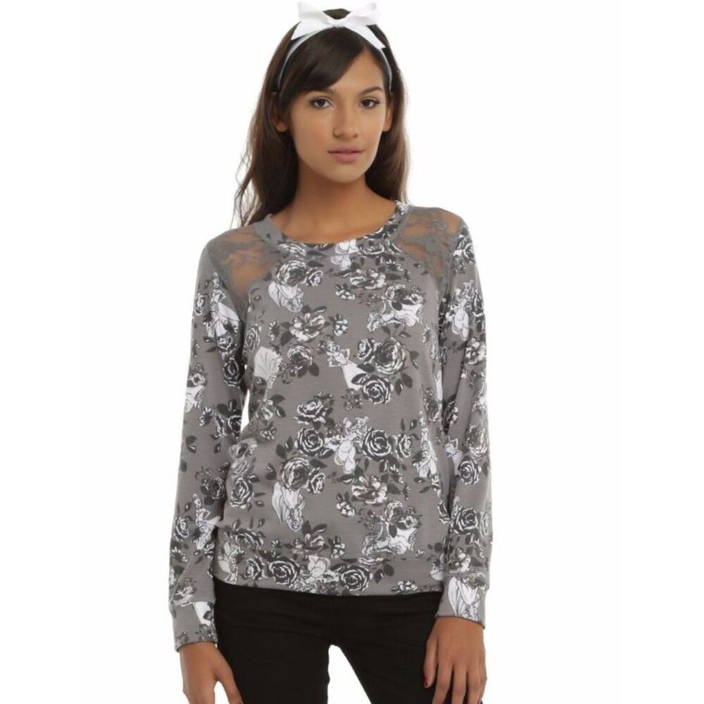 Disney Princess Gray Floral Lace Shoulder Grey Long Sleeve Pullover Sweater L